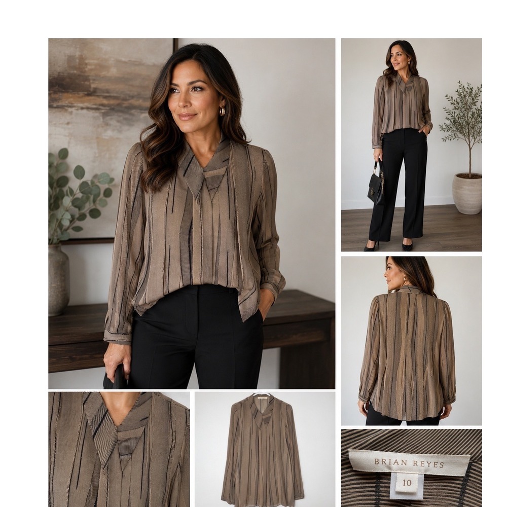 Brian Reyes 100% Silk Blouse Abstract Stripe Tie Neck Brown Tan Size 10